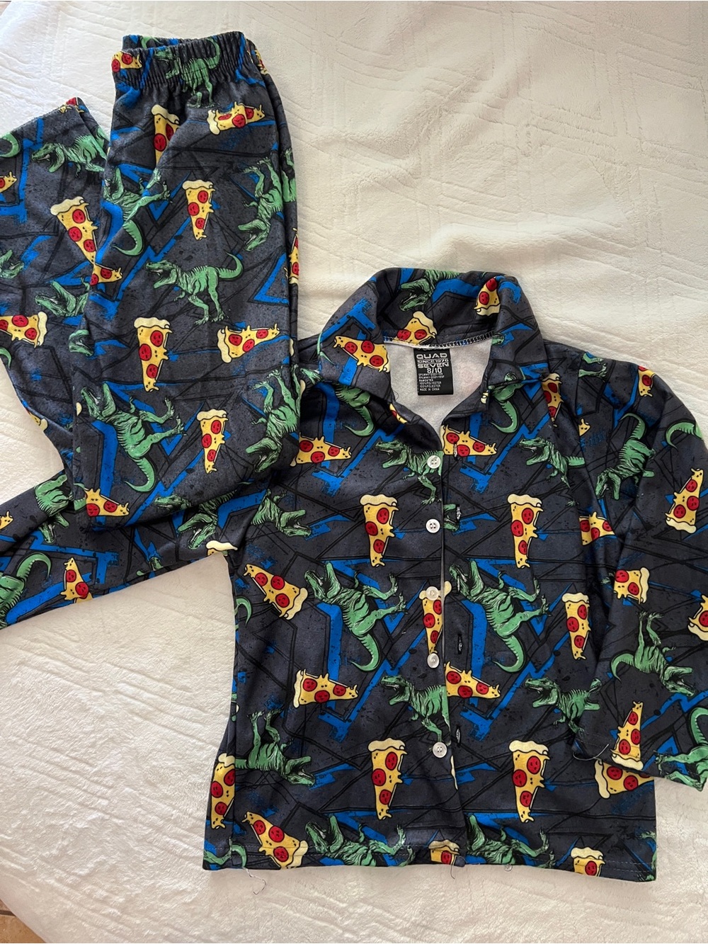 Kids Pizza & Dino Print Pajama Set - Black